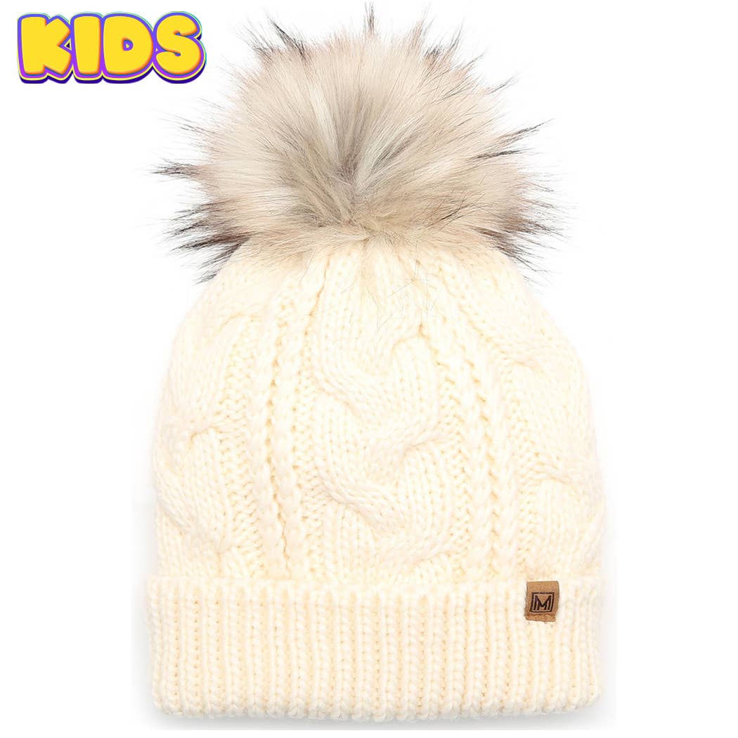Kid's Cable Knitted Faux Fur Pom Beanie Hat: KIDS-IVORY / One Size