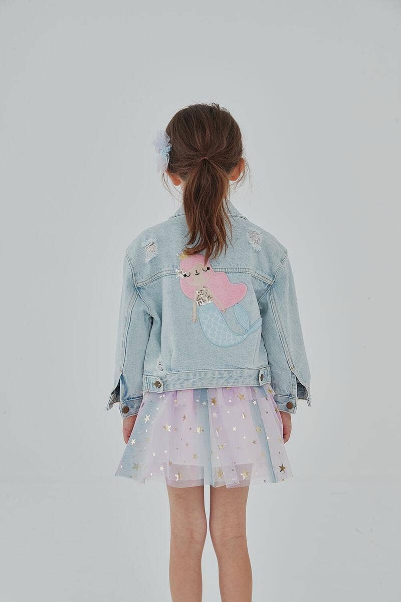 Patched Denim Jacket - Collared Neckline: Mermaid