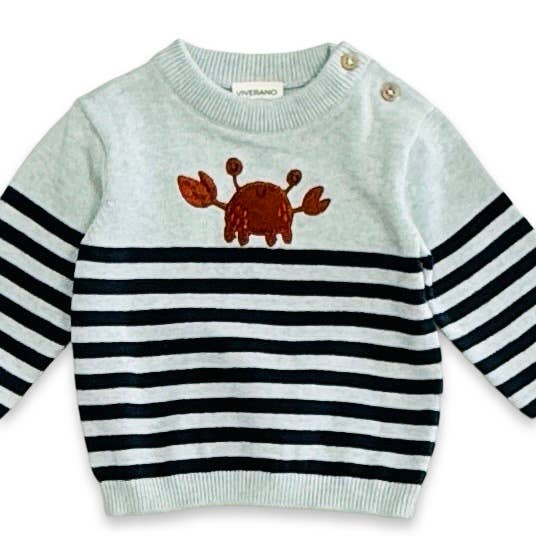 Crab Embroidered & Stripe Knit Baby Pullover Organic Cotton