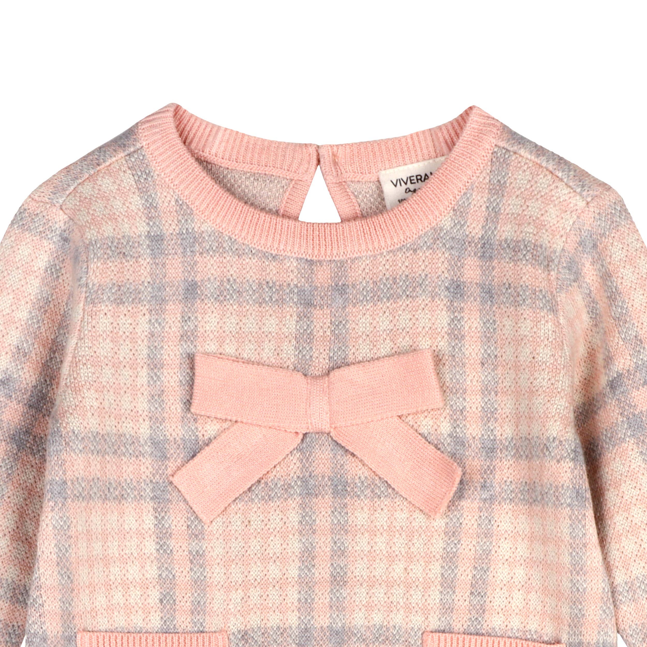Sophie Bow Checkered Sweater Knit Baby Dress -Organic Cotton: Rosewood Pink / 3-6M