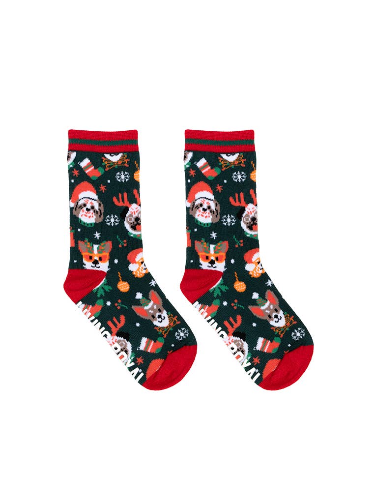 Kids Bamboo Crew Socks - Christmas Holiday - Festive Puppies