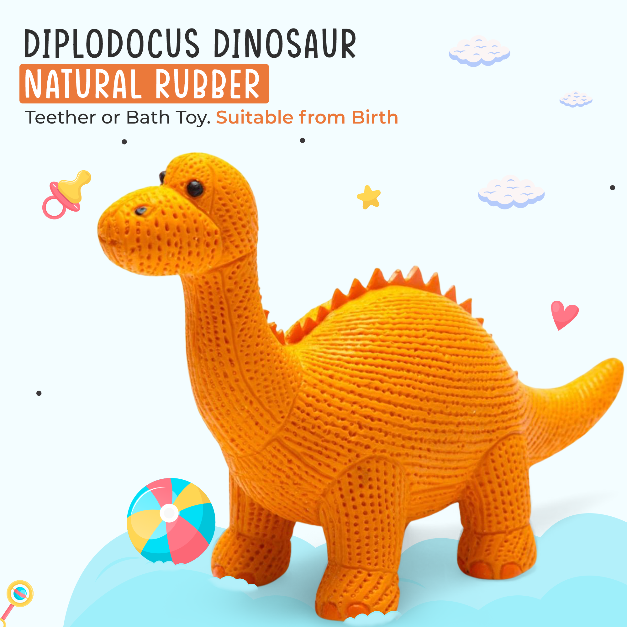 Jouet dinosaure Diplodocus orange en caoutchouc, jouet de bain et anneau de dentition