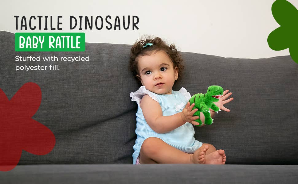 Knitted T Rex Dinosaur Baby Rattle Green