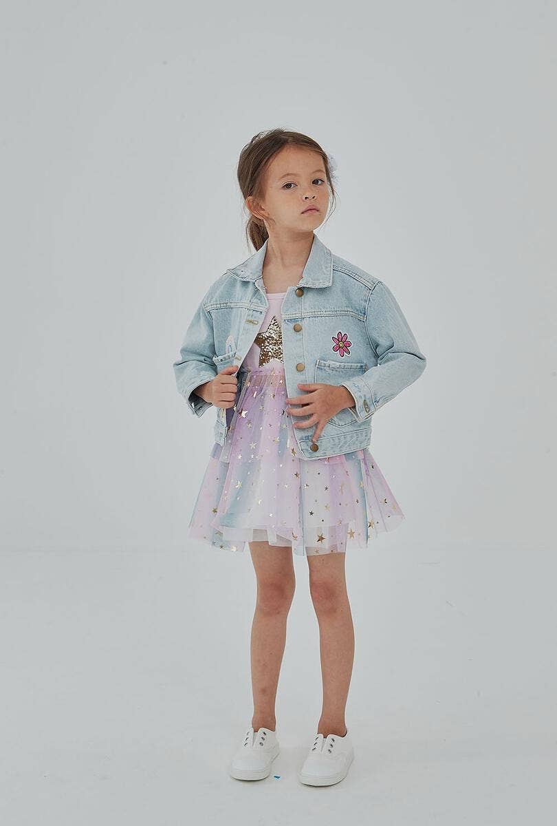 Patched Denim Jacket - Collared Neckline: Mermaid