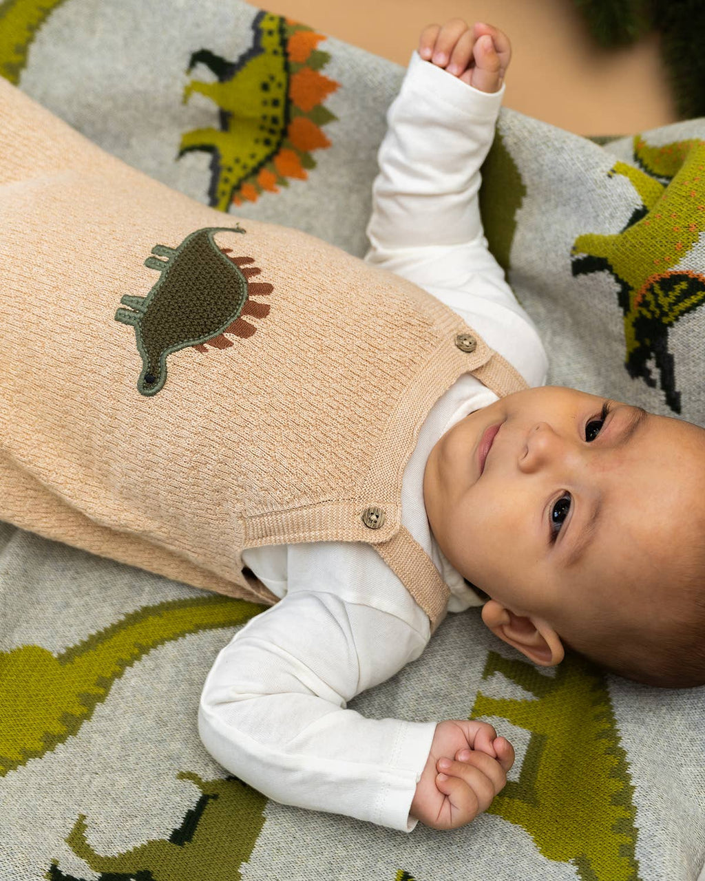 Dino Embroidered Baby Knit Overall Set (Organic): Oatmeal Heather / 12-18M