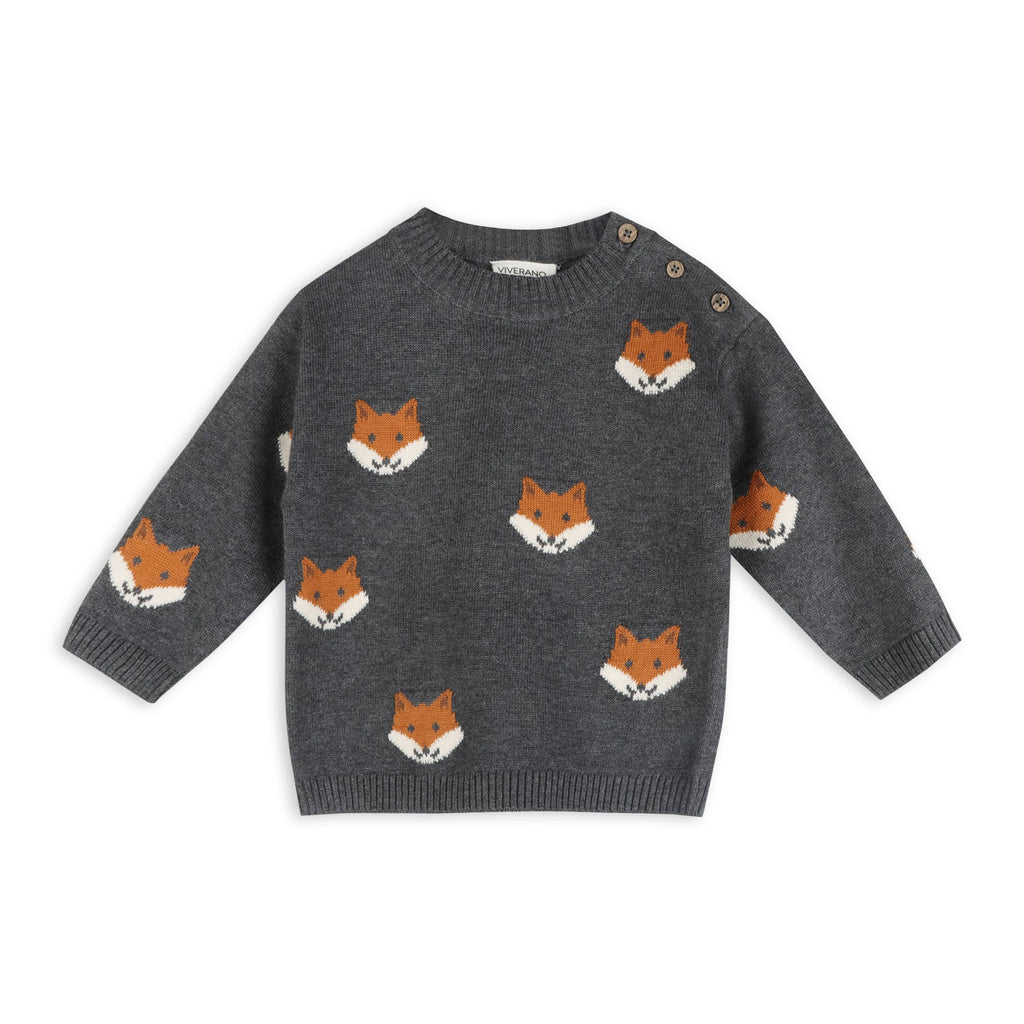 Fox Organic Cotton Jacquard Knit Baby Pullover Charcoal
