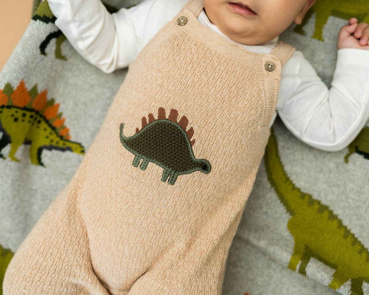 Dino Embroidered Baby Knit Overall Set (Organic): Oatmeal Heather / 12-18M
