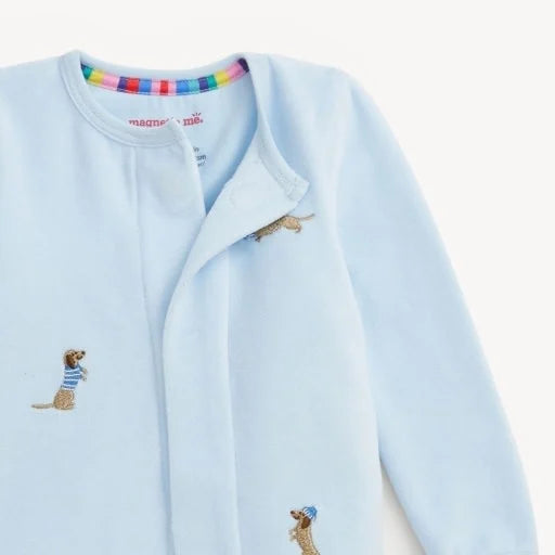 Velour Embroidered Dogs Blue Magnetic Me Footie