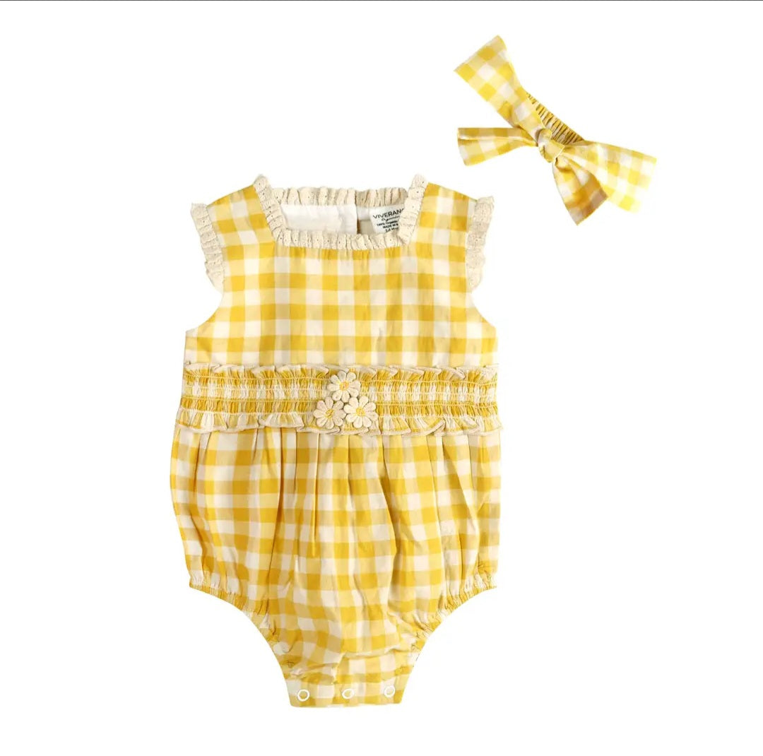 Lucy Organic Gingham Baby Romper & Headband