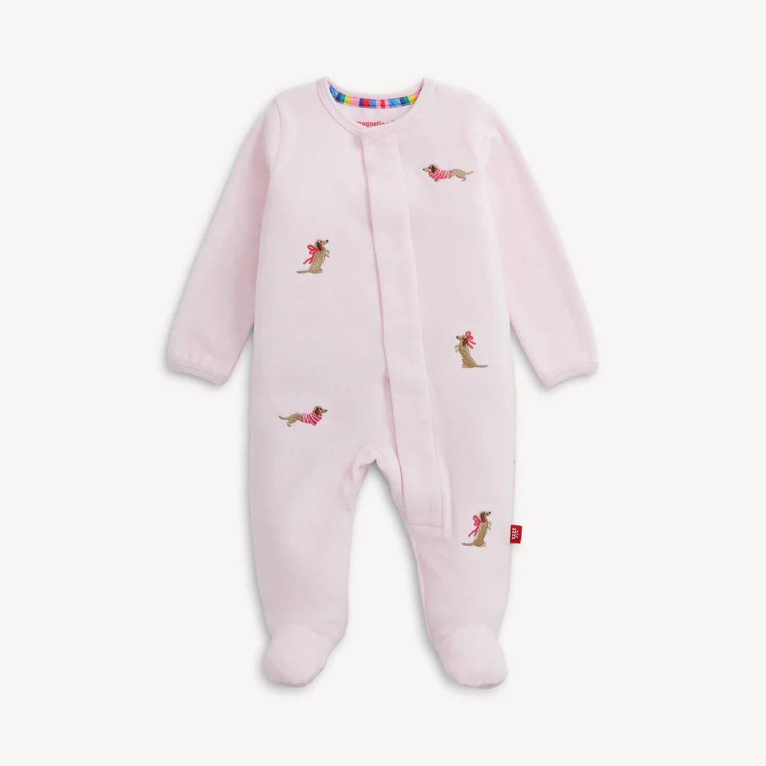 Velour Embroidered Dogs Pink Magnetic Me Footie